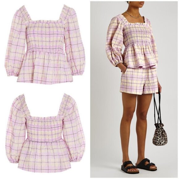 💕GANNI💕 Smocked Seersucker Plaid Top ~ Orchid Bloom Checked Print 44 EU NWT - Picture 8 of 16